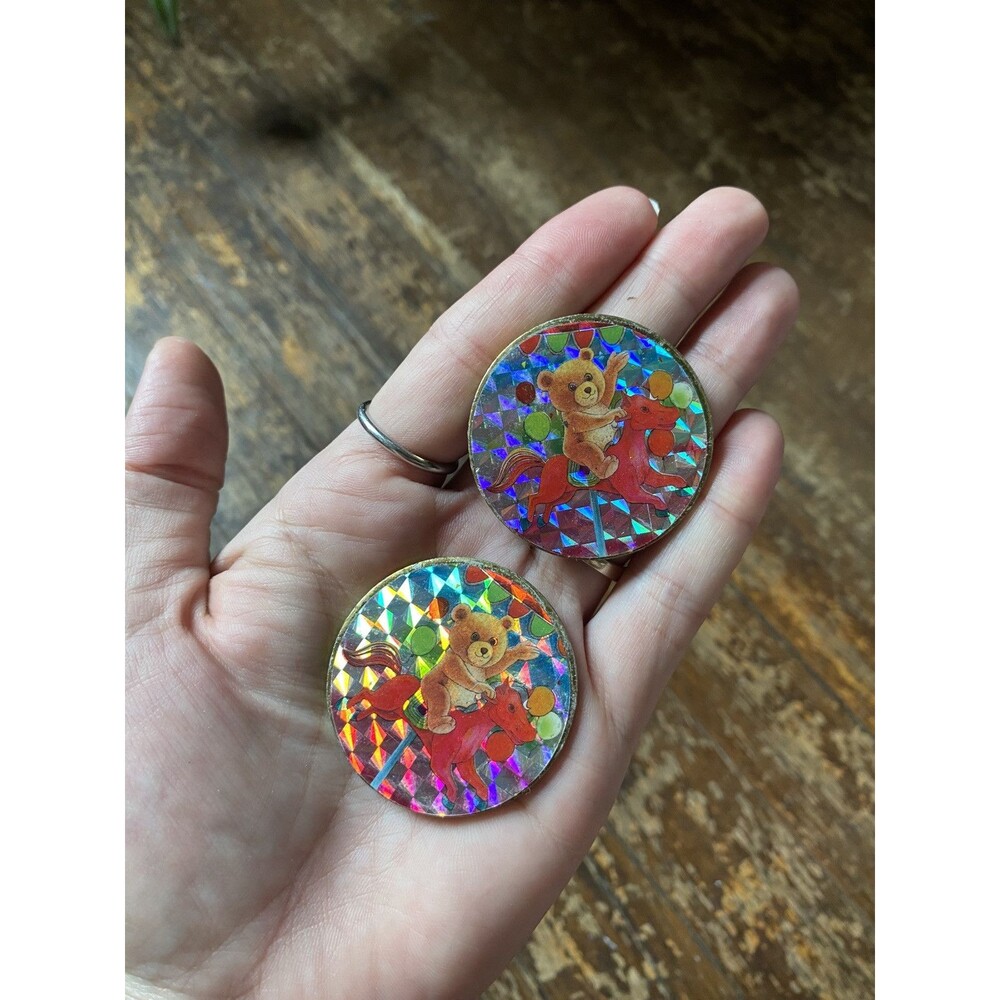 Pog Metal Slammer Teddy Bear On Carousel 1990s Rare Vintage Set Of 2